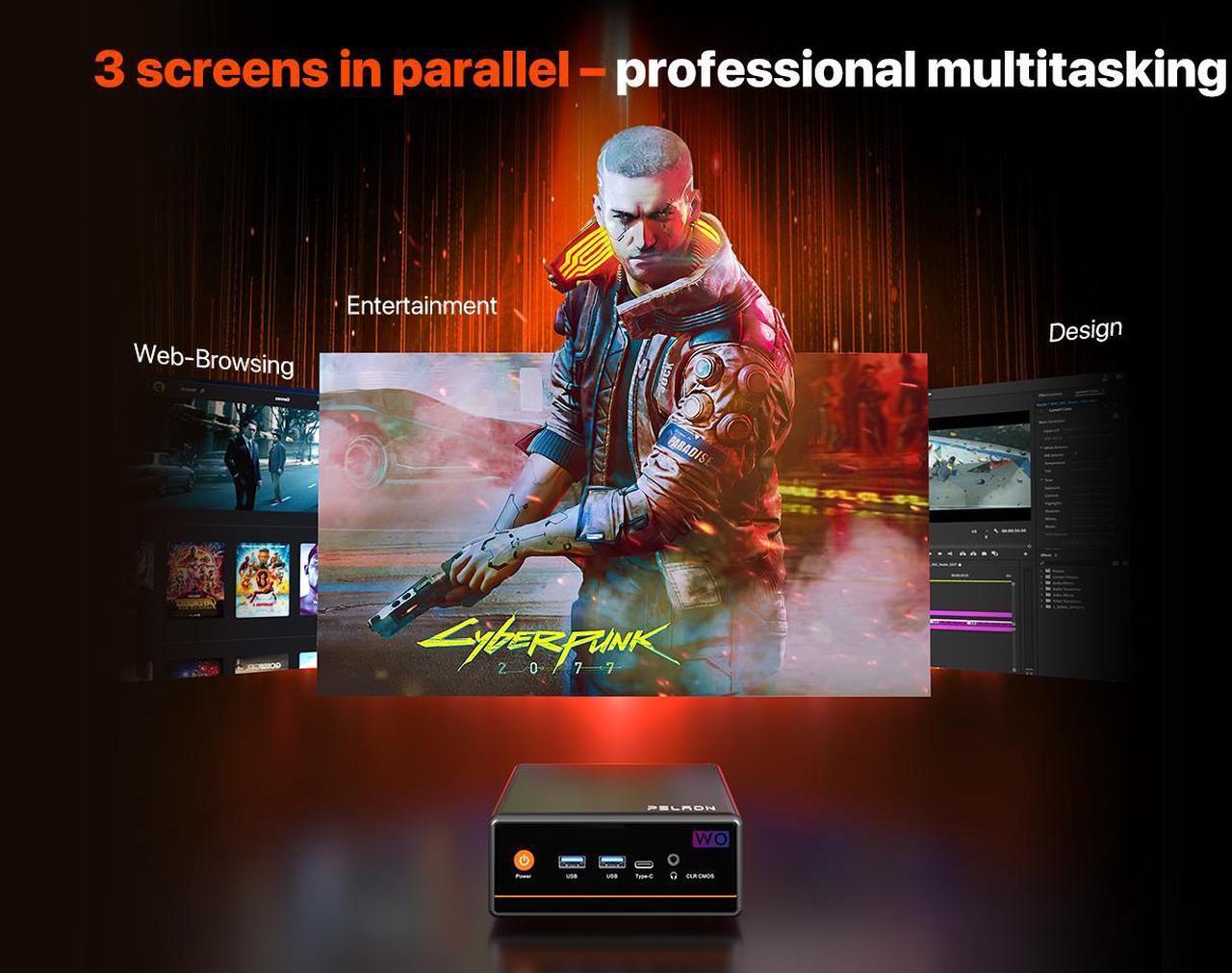 Alt view image 6 of 7 - PELADN Mini personal computer, AMD Ryzen 5 5600H (6C/12T, up to 4.2Ghz),16GB DDR4/512GB NVMe SSD,Type-C/DP/HD, mini desktop computer WiFi6 4K/60Hz triple display USB3.2/BT5.2 for home business