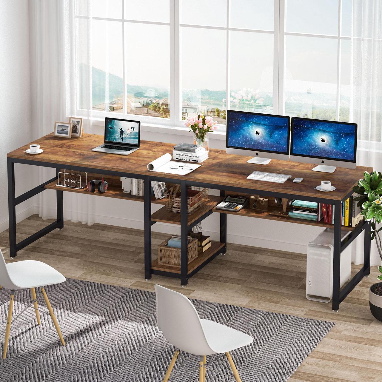 Alt view image 4 of 7 - Tribesigns Two Person Desk with Bookshelf, 78.7 Computer Office Double Desk for Two Person, Rustic Writing Desk Workstation with Shelf for Home Office