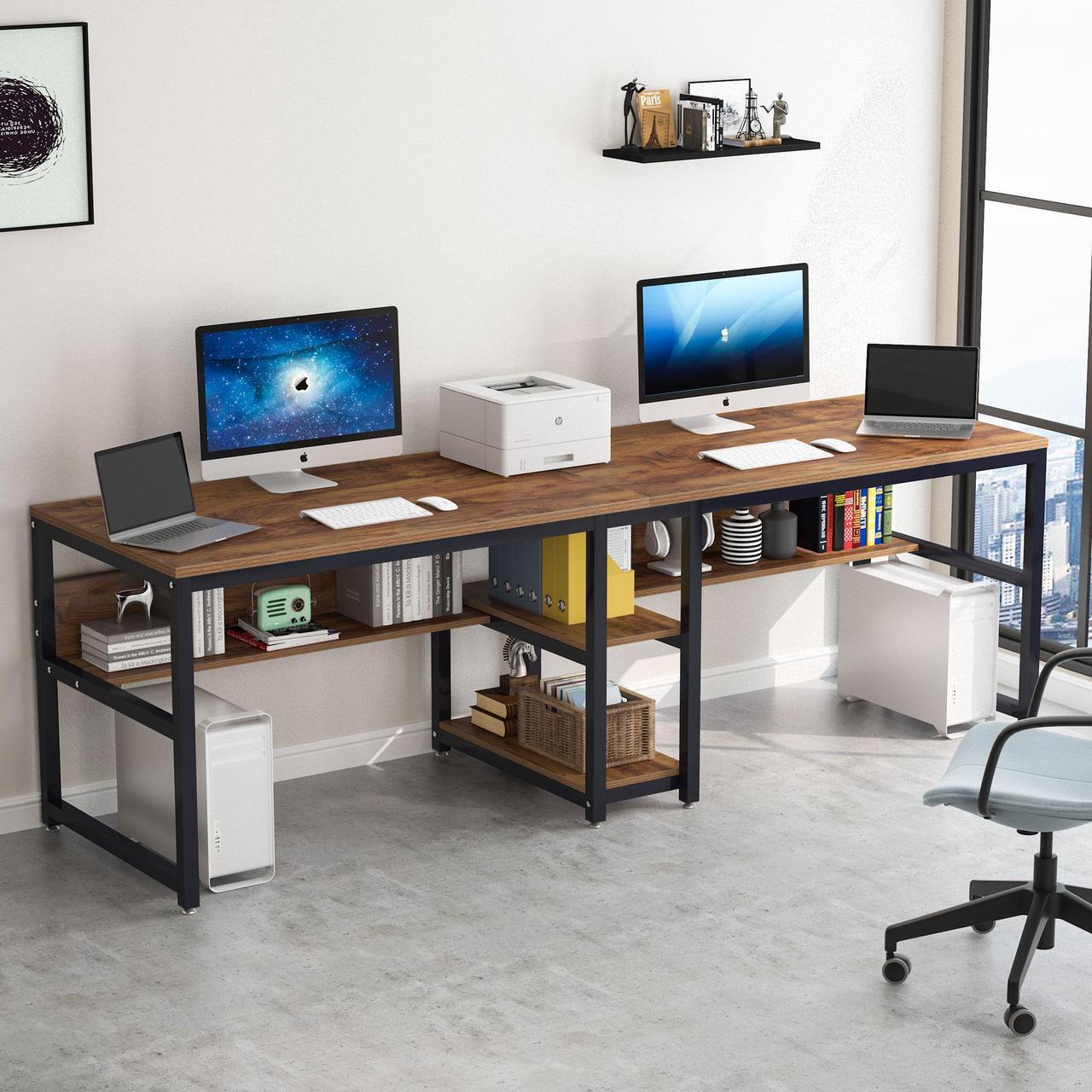 Alt view image 3 of 7 - Tribesigns Two Person Desk with Bookshelf, 78.7 Computer Office Double Desk for Two Person, Rustic Writing Desk Workstation with Shelf for Home Office