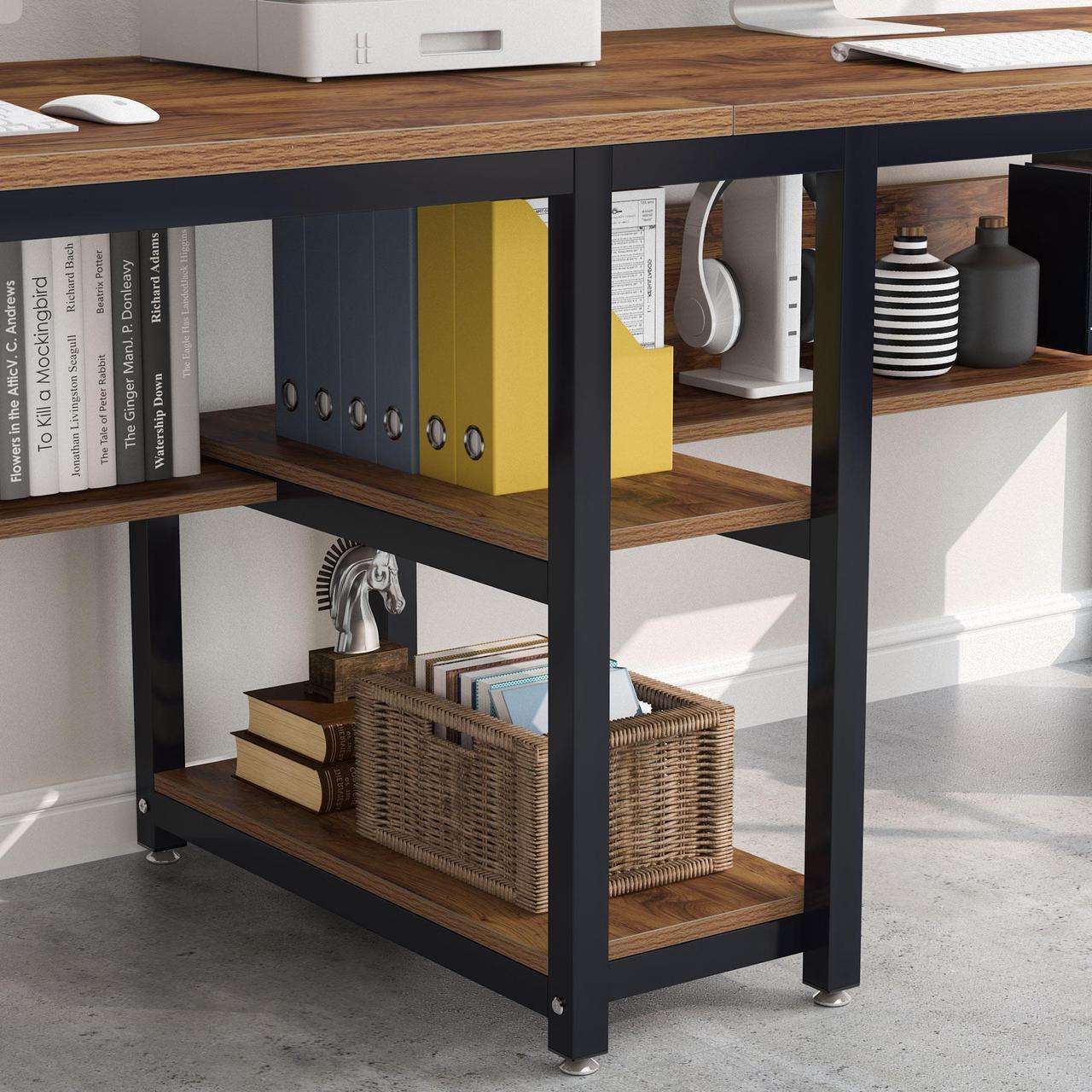 Alt view image 6 of 7 - Tribesigns Two Person Desk with Bookshelf, 78.7 Computer Office Double Desk for Two Person, Rustic Writing Desk Workstation with Shelf for Home Office