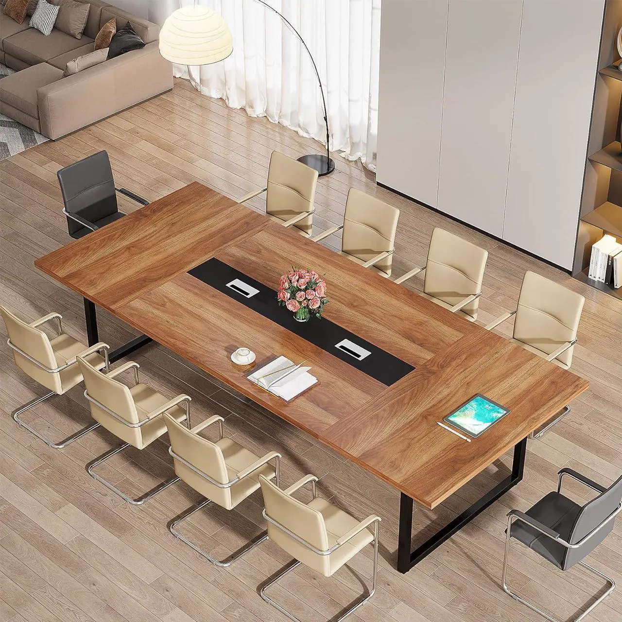 Alt view image 3 of 6 - Tribesigns 8FT Conference Table, 94.49 L x 47.24 W x 29.53 H Inches Large Meeting Table/Podcast Table for 10 People, Business Style Wooden Training Table with Strong Metal Frame