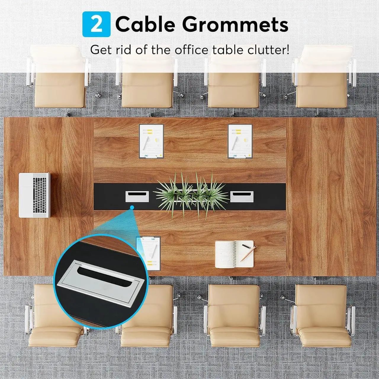 Alt view image 4 of 6 - Tribesigns 8FT Conference Table, 94.49 L x 47.24 W x 29.53 H Inches Large Meeting Table/Podcast Table for 10 People, Business Style Wooden Training Table with Strong Metal Frame
