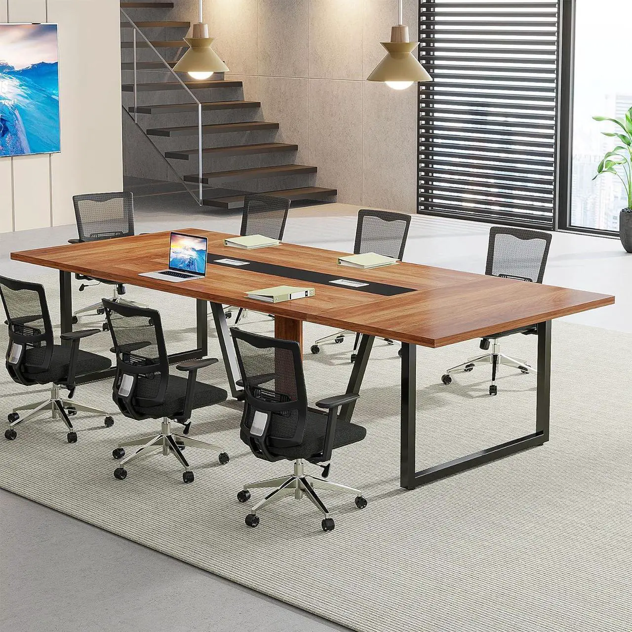 Alt view image 2 of 6 - Tribesigns 8FT Conference Table, 94.49 L x 47.24 W x 29.53 H Inches Large Meeting Table/Podcast Table for 10 People, Business Style Wooden Training Table with Strong Metal Frame