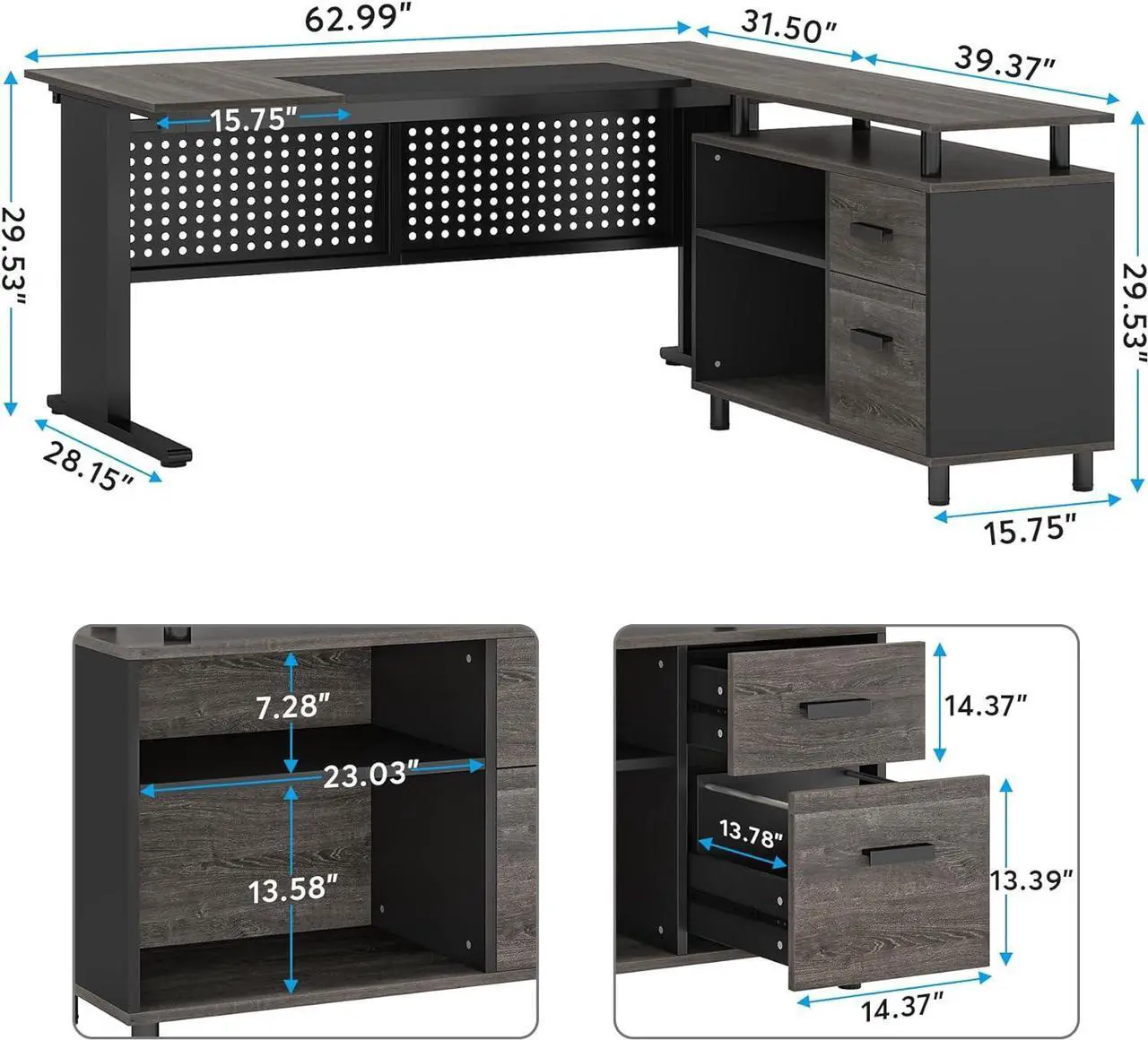 Alt view image 5 of 5 - Tribesigns 63 Inch Executive Desk with File Cabinet, Large Office Desk L Shaped Computer Desk with Drawers and Storage Shelves Grey + Black