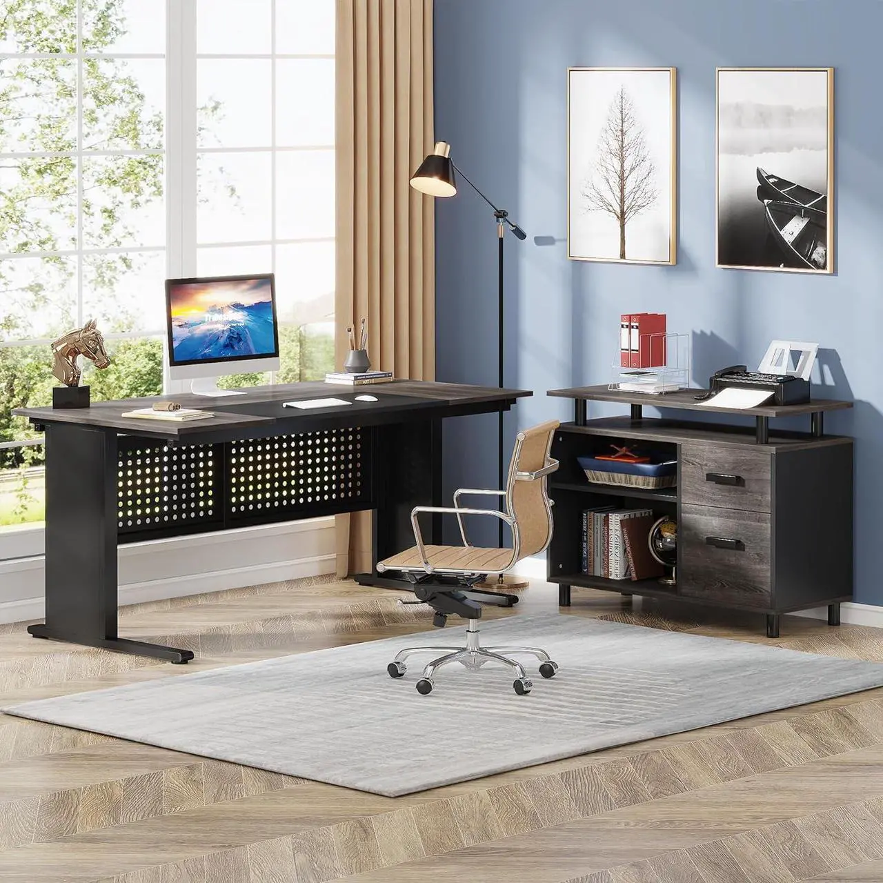 Alt view image 3 of 5 - Tribesigns 63 Inch Executive Desk with File Cabinet, Large Office Desk L Shaped Computer Desk with Drawers and Storage Shelves Grey + Black