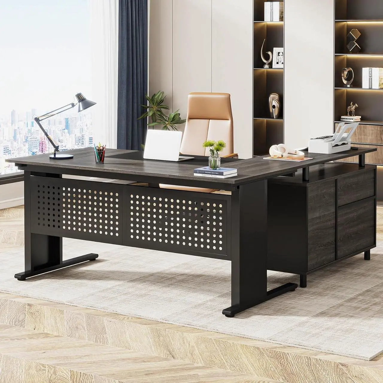 Alt view image 2 of 5 - Tribesigns 63 Inch Executive Desk with File Cabinet, Large Office Desk L Shaped Computer Desk with Drawers and Storage Shelves Grey + Black
