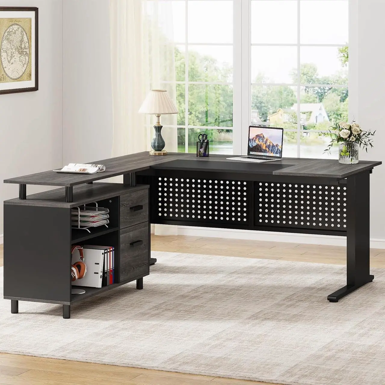 Alt view image 4 of 5 - Tribesigns 63 Inch Executive Desk with File Cabinet, Large Office Desk L Shaped Computer Desk with Drawers and Storage Shelves Grey + Black