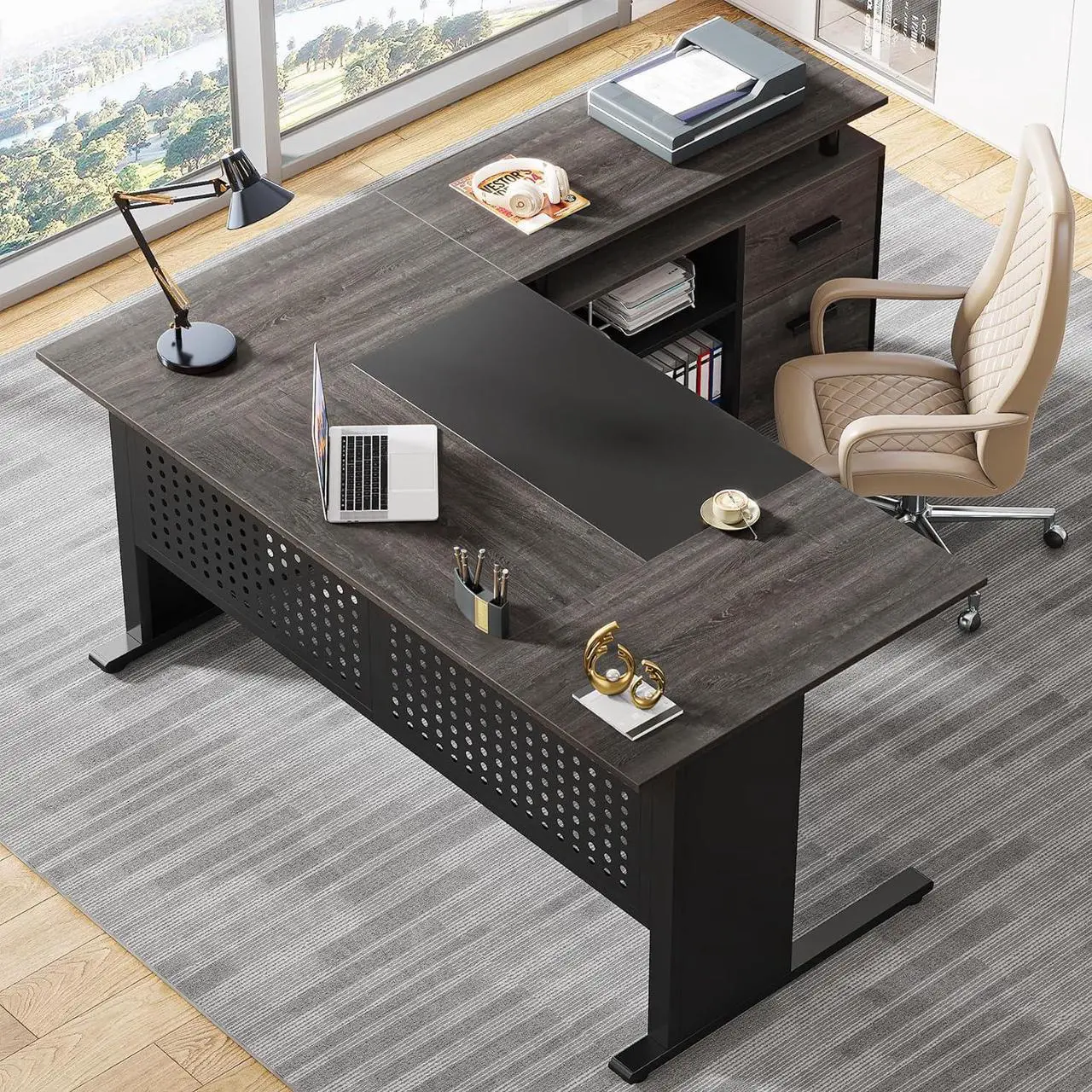 Main image of Tribesigns 63 Inch Executive Desk with File Cabinet, Large Office Desk L Shaped Computer Desk with Drawers and Storage Shelves Grey + Black