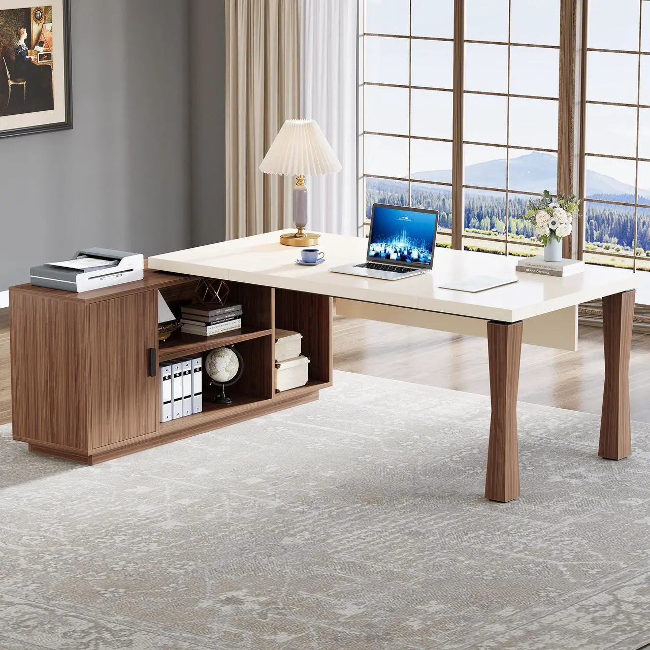 Alt view image 3 of 7 - Tribesigns  Gaming Desks, 78.7-Inch Executive Desk, L-Shaped Desk with Cabinet, Large Office Desk with Storage Shelves, Writing Table Business Furniture Set for Home Office, Cream White Walnut
