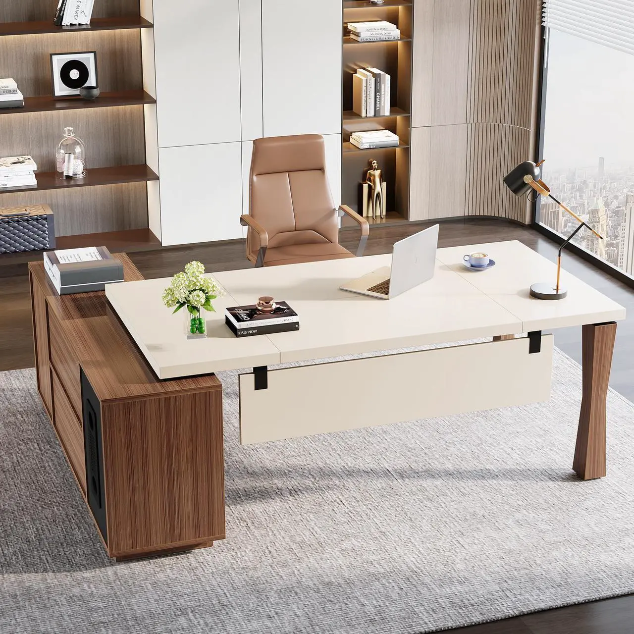 Alt view image 5 of 7 - Tribesigns  Gaming Desks, 78.7-Inch Executive Desk, L-Shaped Desk with Cabinet, Large Office Desk with Storage Shelves, Writing Table Business Furniture Set for Home Office, Cream White Walnut