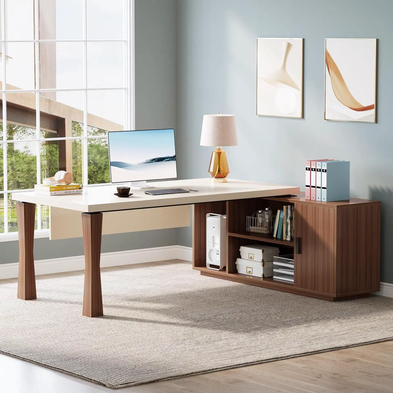Alt view image 4 of 7 - Tribesigns  Gaming Desks, 78.7-Inch Executive Desk, L-Shaped Desk with Cabinet, Large Office Desk with Storage Shelves, Writing Table Business Furniture Set for Home Office, Cream White Walnut