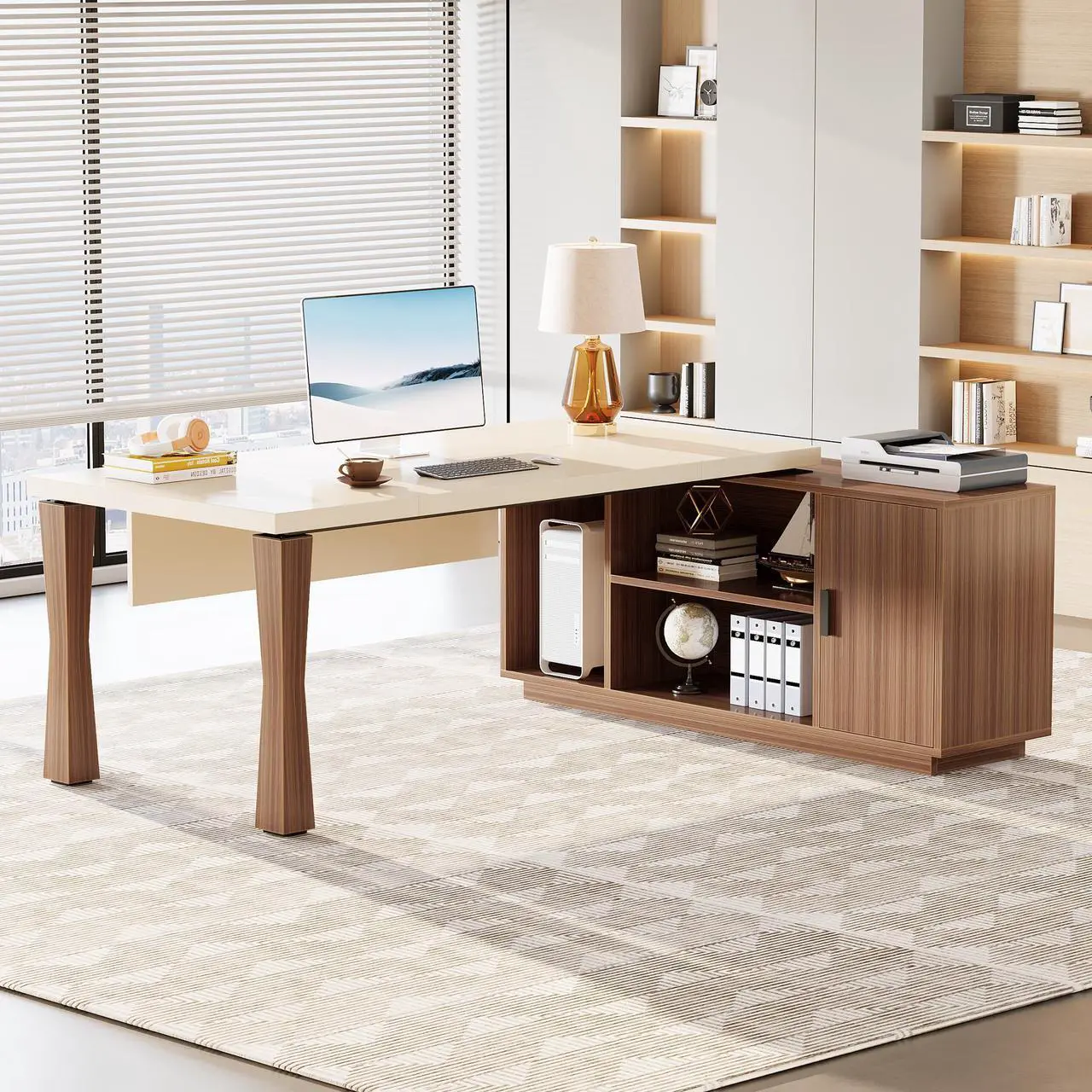 Alt view image 6 of 7 - Tribesigns  Gaming Desks, 78.7-Inch Executive Desk, L-Shaped Desk with Cabinet, Large Office Desk with Storage Shelves, Writing Table Business Furniture Set for Home Office, Cream White Walnut