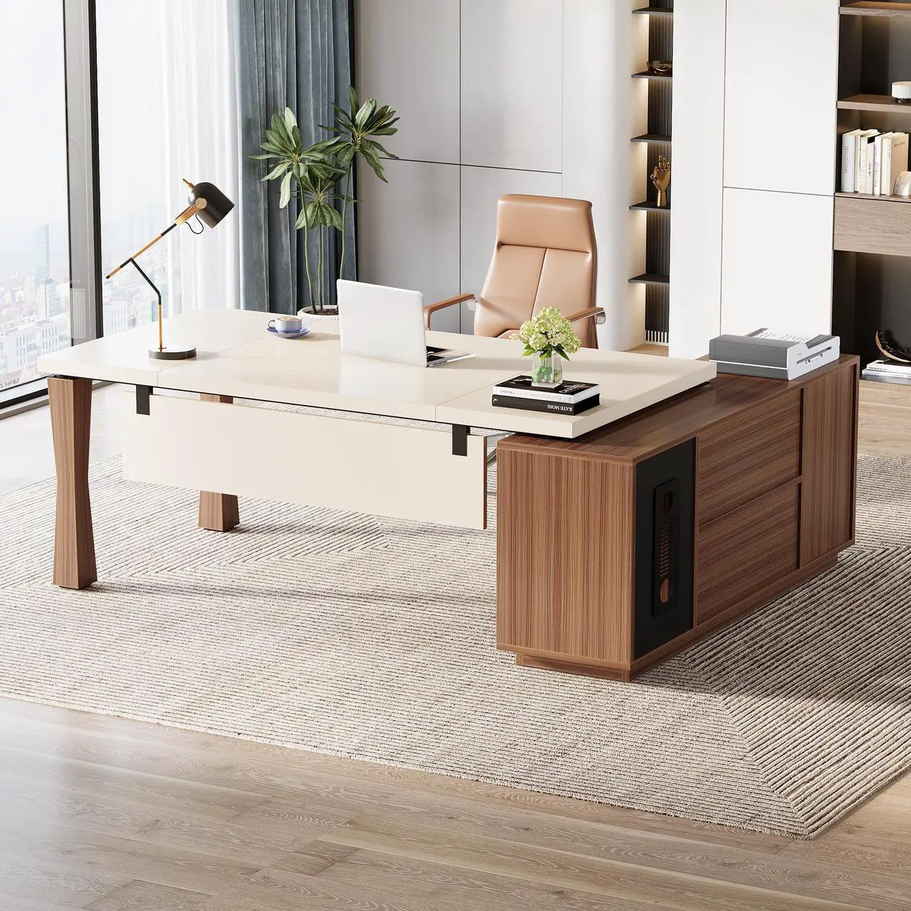 Alt view image 7 of 7 - Tribesigns  Gaming Desks, 78.7-Inch Executive Desk, L-Shaped Desk with Cabinet, Large Office Desk with Storage Shelves, Writing Table Business Furniture Set for Home Office, Cream White Walnut