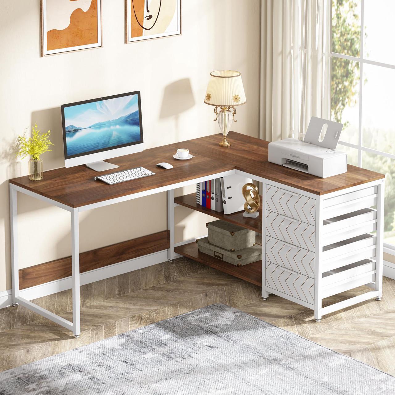 Main image of Tribesigns Gaming Desks L Shaped Computer Desk with Storage Drawers, 59 inch Corner Desk with Shelves, Reversible L-Shaped Office Desk Study Writing Table Workstation for Home Office, Walnut & White