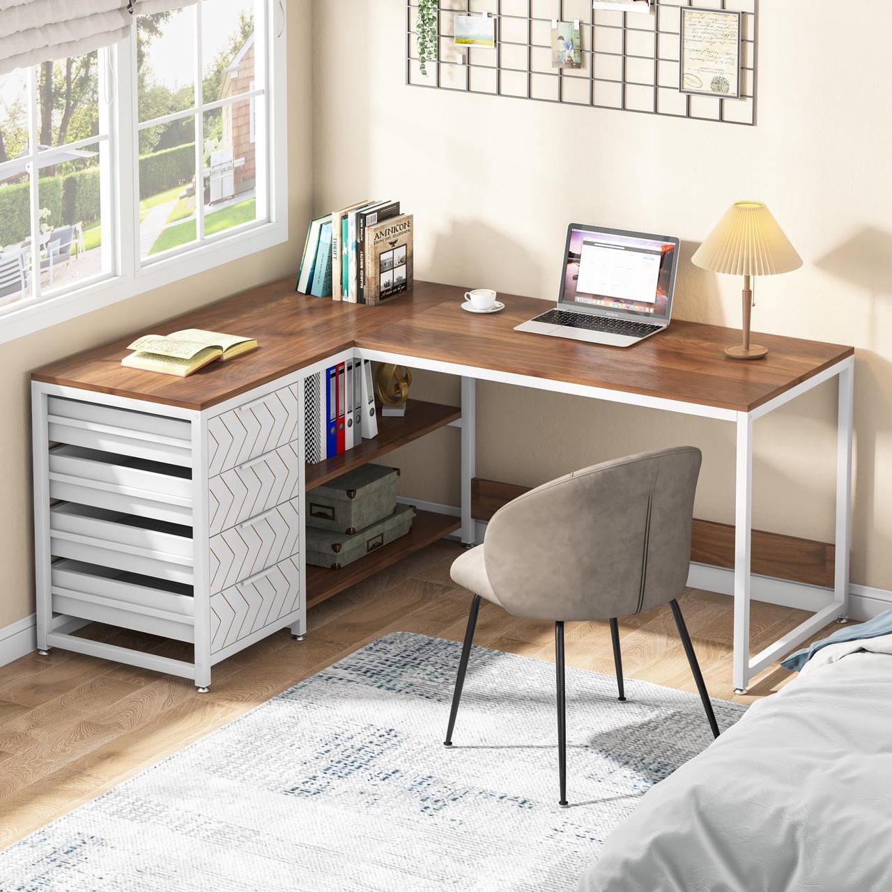 Alt view image 4 of 7 - Tribesigns Gaming Desks L Shaped Computer Desk with Storage Drawers, 59 inch Corner Desk with Shelves, Reversible L-Shaped Office Desk Study Writing Table Workstation for Home Office, Walnut & White