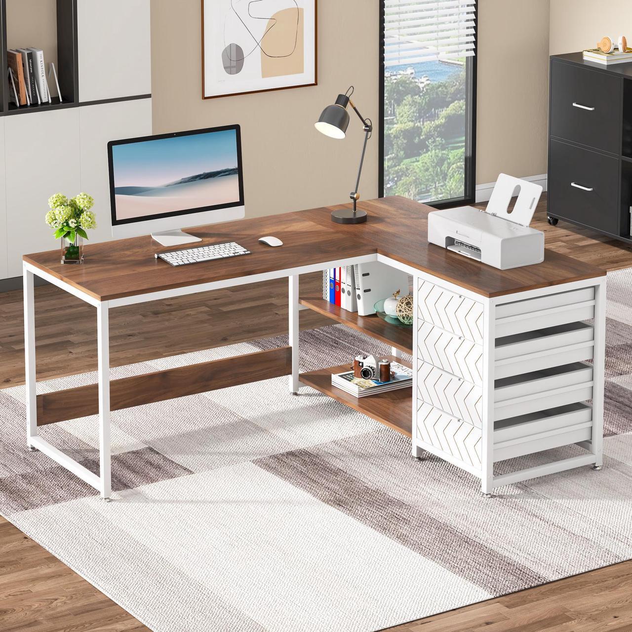 Alt view image 3 of 7 - Tribesigns Gaming Desks L Shaped Computer Desk with Storage Drawers, 59 inch Corner Desk with Shelves, Reversible L-Shaped Office Desk Study Writing Table Workstation for Home Office, Walnut & White