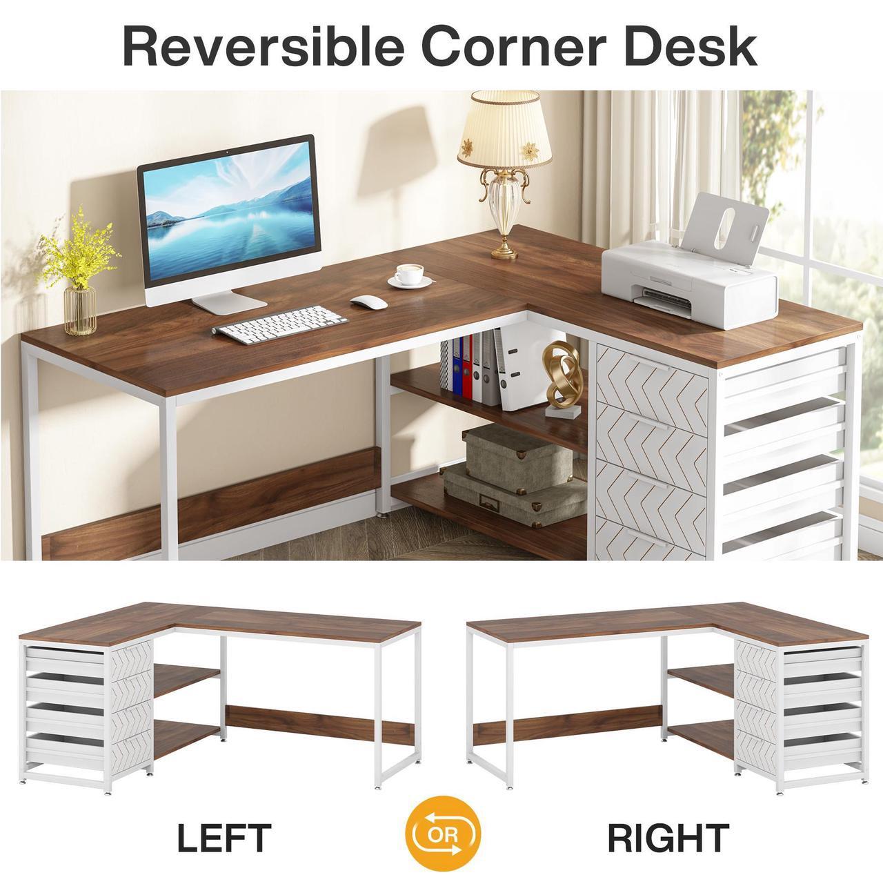 Alt view image 5 of 7 - Tribesigns Gaming Desks L Shaped Computer Desk with Storage Drawers, 59 inch Corner Desk with Shelves, Reversible L-Shaped Office Desk Study Writing Table Workstation for Home Office, Walnut & White