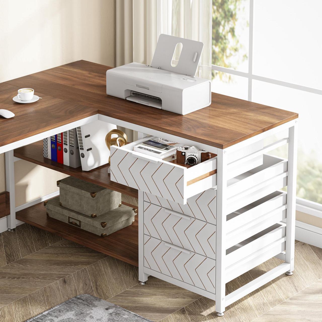 Alt view image 7 of 7 - Tribesigns Gaming Desks L Shaped Computer Desk with Storage Drawers, 59 inch Corner Desk with Shelves, Reversible L-Shaped Office Desk Study Writing Table Workstation for Home Office, Walnut & White