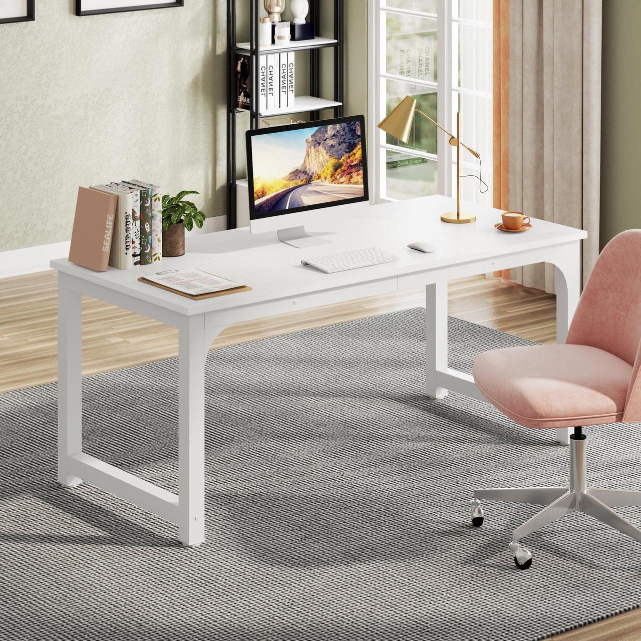 Alt view image 2 of 7 - Tribesigns Gaming Table 63Executive Desk, Large Office Computer Desk with Thicken Frame, Modern Simple Workstation Business Furniture for Home Office, White