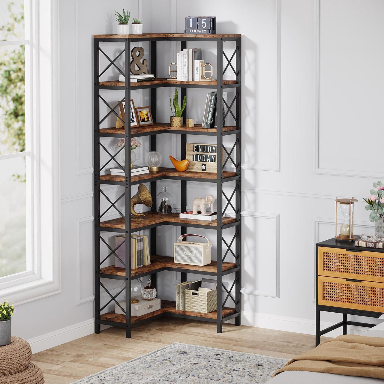 Alt view image 3 of 7 - Tribesigns 7-Shelf Corner Bookshelf,Large Modern Corner Bookcase, 7-Tier Tall Corner Shelf Storage Display Rack with Metal Frame for Living Room Home Office (Rustic Brown)