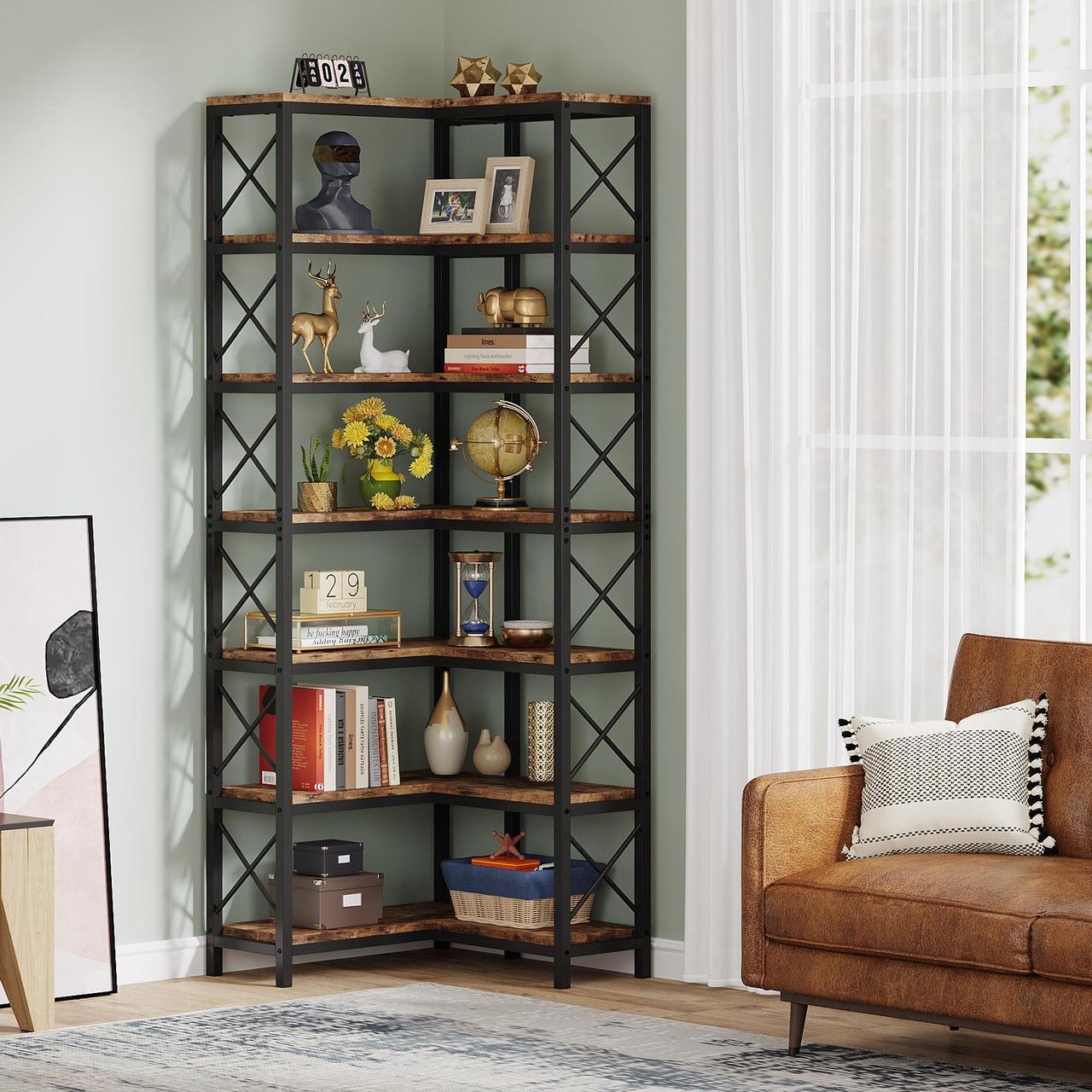 Alt view image 4 of 7 - Tribesigns 7-Shelf Corner Bookshelf,Large Modern Corner Bookcase, 7-Tier Tall Corner Shelf Storage Display Rack with Metal Frame for Living Room Home Office (Rustic Brown)