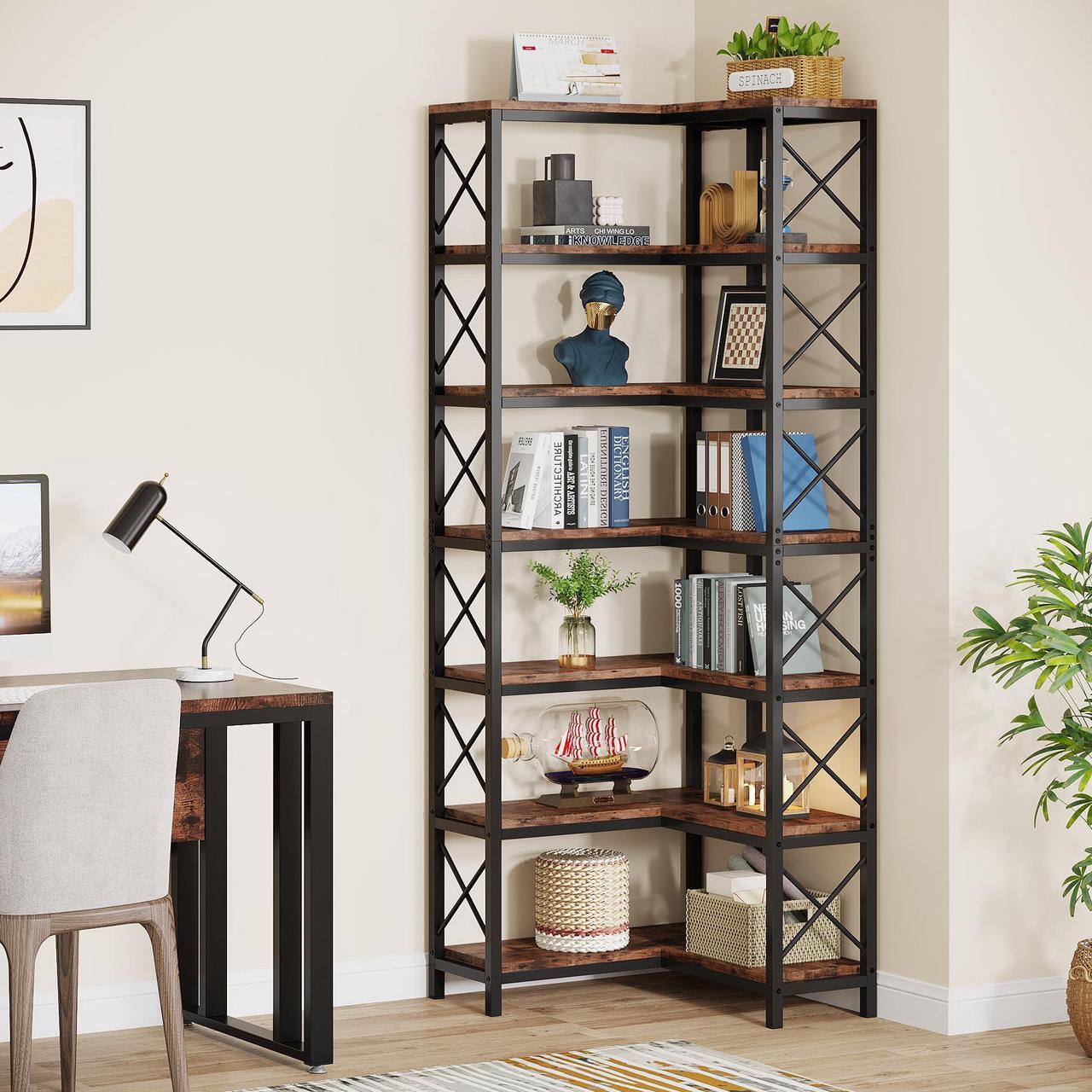 Alt view image 2 of 7 - Tribesigns 7-Shelf Corner Bookshelf,Large Modern Corner Bookcase, 7-Tier Tall Corner Shelf Storage Display Rack with Metal Frame for Living Room Home Office (Rustic Brown)