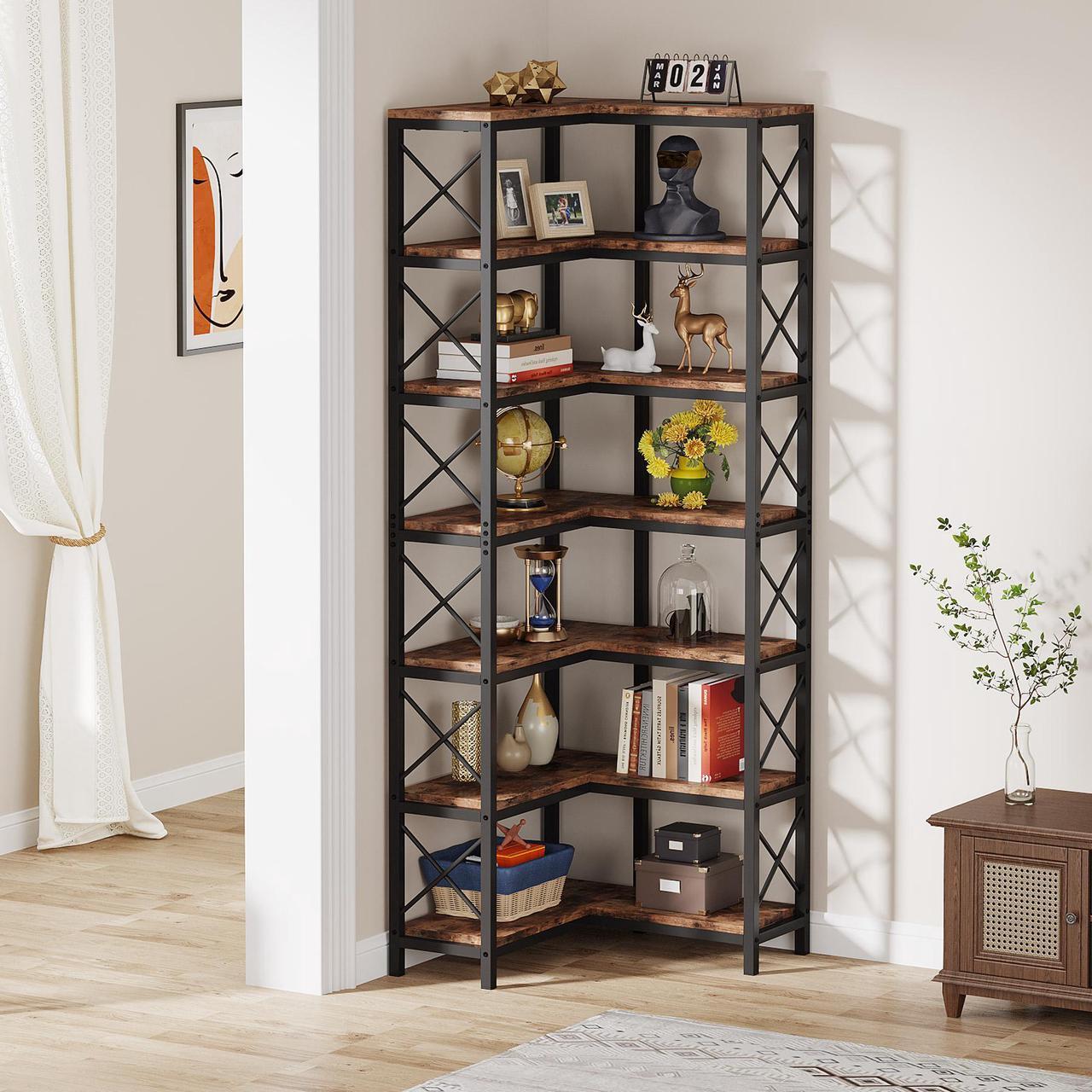 Alt view image 5 of 7 - Tribesigns 7-Shelf Corner Bookshelf,Large Modern Corner Bookcase, 7-Tier Tall Corner Shelf Storage Display Rack with Metal Frame for Living Room Home Office (Rustic Brown)