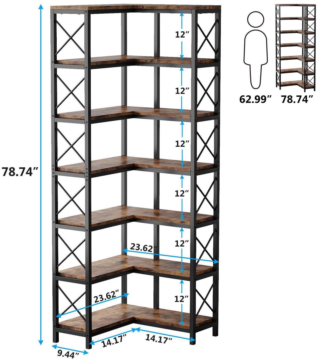 Alt view image 6 of 7 - Tribesigns 7-Shelf Corner Bookshelf,Large Modern Corner Bookcase, 7-Tier Tall Corner Shelf Storage Display Rack with Metal Frame for Living Room Home Office (Rustic Brown)