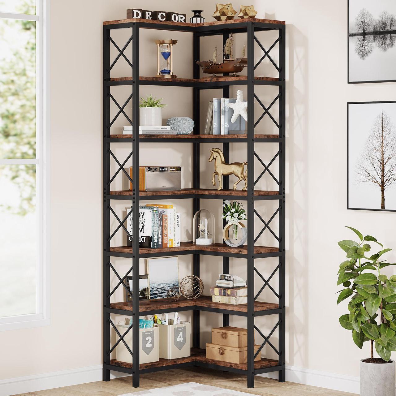 Alt view image 7 of 7 - Tribesigns 7-Shelf Corner Bookshelf,Large Modern Corner Bookcase, 7-Tier Tall Corner Shelf Storage Display Rack with Metal Frame for Living Room Home Office (Rustic Brown)