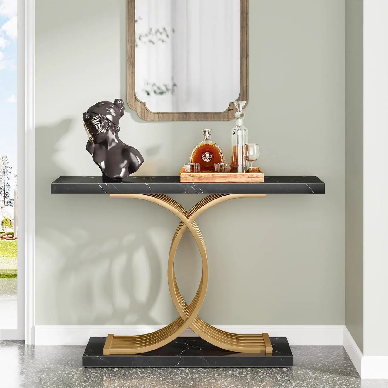 Alt view image 2 of 7 - Console Table for Entryway, 39 Inches Black Faux Marble Sofa Table with Gold Geometric Frame, Modern Sofa Table Behind Couch, Hallway Foyer Table Accent Table for Living Room, Entrance