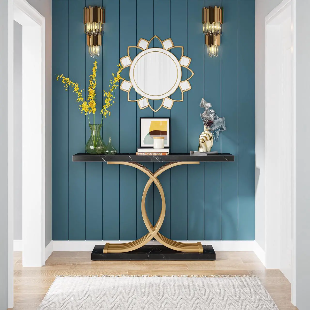 Alt view image 5 of 7 - Console Table for Entryway, 39 Inches Black Faux Marble Sofa Table with Gold Geometric Frame, Modern Sofa Table Behind Couch, Hallway Foyer Table Accent Table for Living Room, Entrance