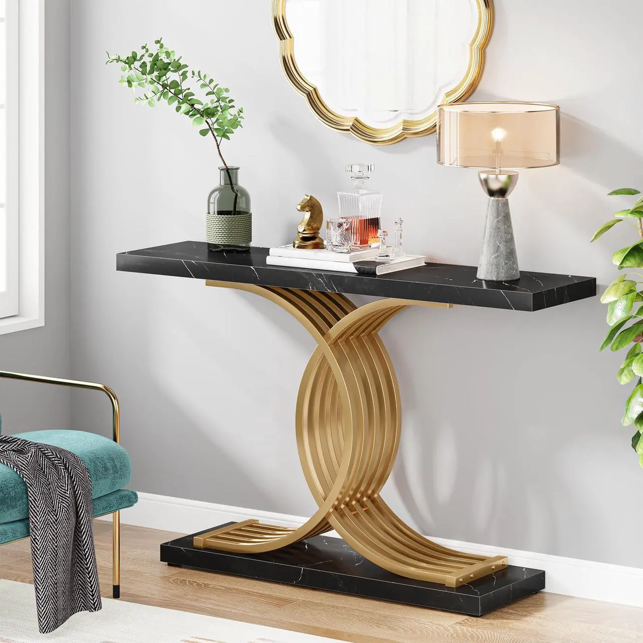 Alt view image 3 of 7 - Console Table for Entryway, 39 Inches Black Faux Marble Sofa Table with Gold Geometric Frame, Modern Sofa Table Behind Couch, Hallway Foyer Table Accent Table for Living Room, Entrance