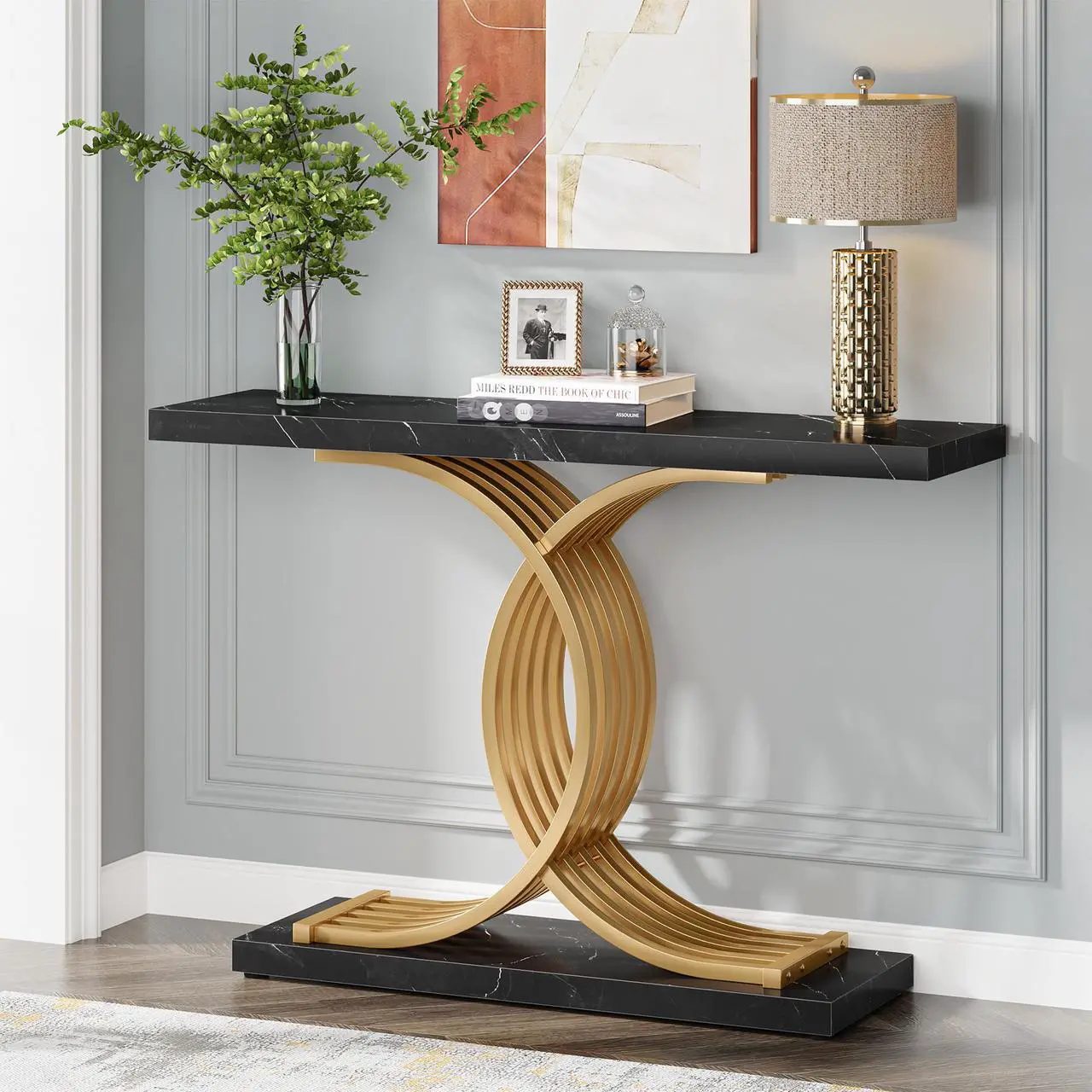 Main image of Console Table for Entryway, 39 Inches Black Faux Marble Sofa Table with Gold Geometric Frame, Modern Sofa Table Behind Couch, Hallway Foyer Table Accent Table for Living Room, Entrance