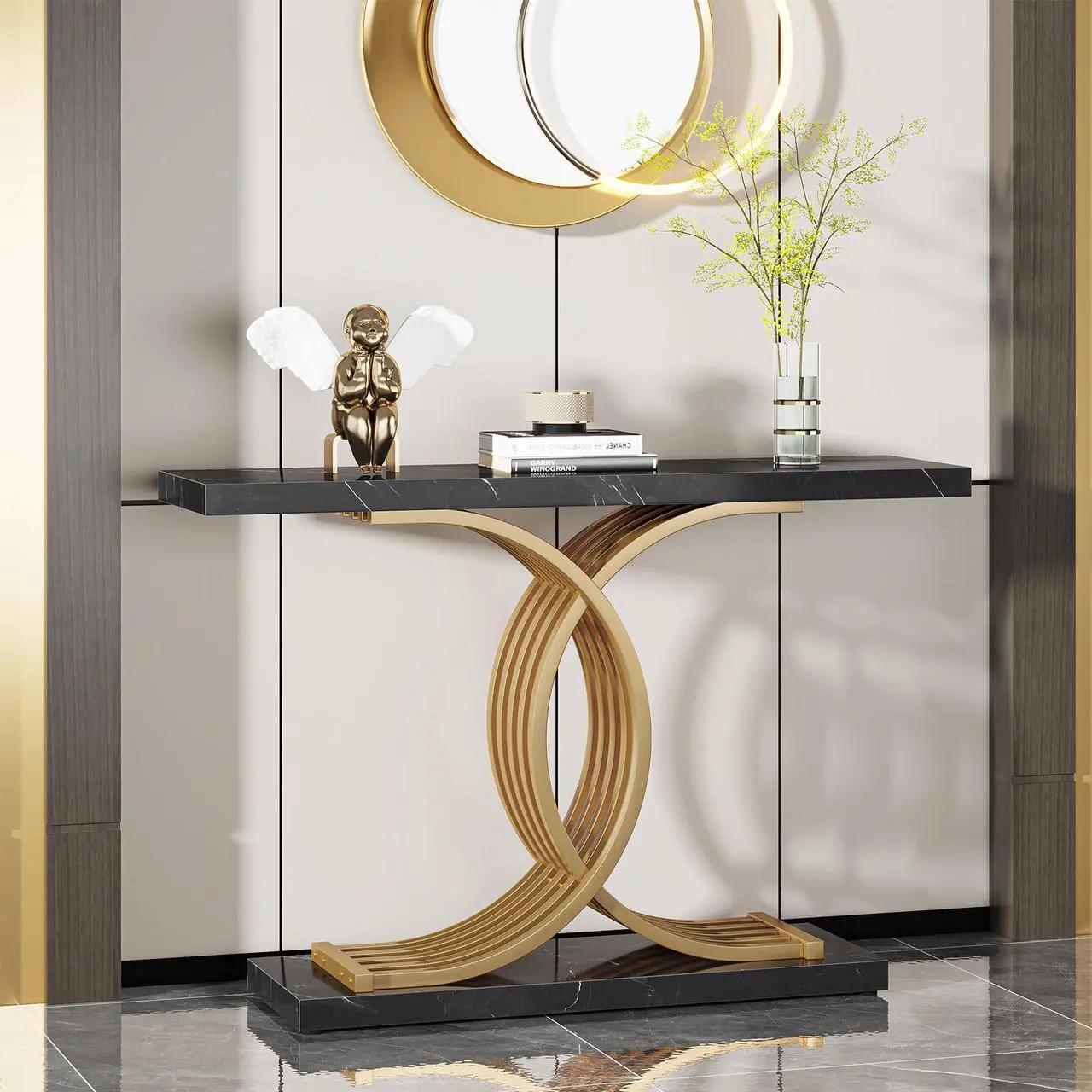 Alt view image 7 of 7 - Console Table for Entryway, 39 Inches Black Faux Marble Sofa Table with Gold Geometric Frame, Modern Sofa Table Behind Couch, Hallway Foyer Table Accent Table for Living Room, Entrance