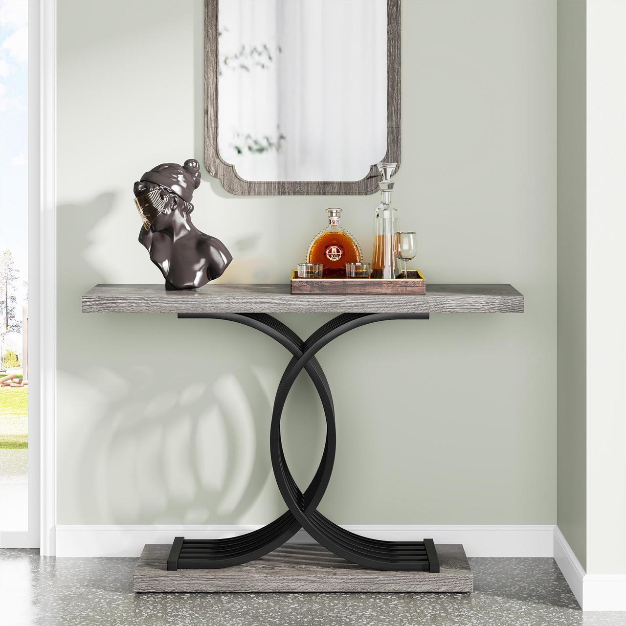 Alt view image 2 of 7 - Tribesigns Console Tables for Entryway, Modern Farmhouse 39-inch Entryway Table with Geometric Base, Wooden & Metal Hallway Table/Narrow Sofa Table/Accent Table for Entrance, Living Room (Brown)