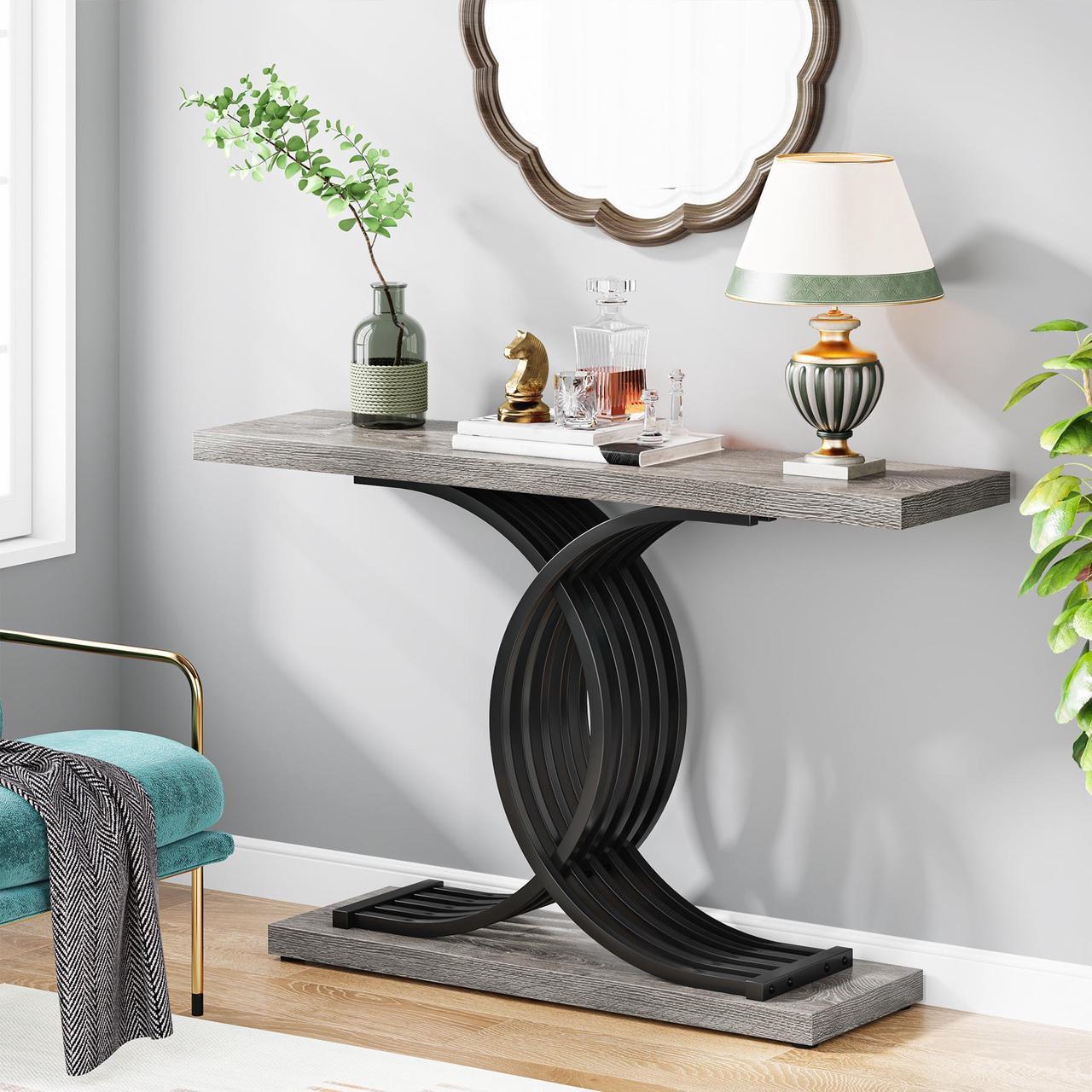 Alt view image 3 of 7 - Tribesigns Console Tables for Entryway, Modern Farmhouse 39-inch Entryway Table with Geometric Base, Wooden & Metal Hallway Table/Narrow Sofa Table/Accent Table for Entrance, Living Room (Brown)