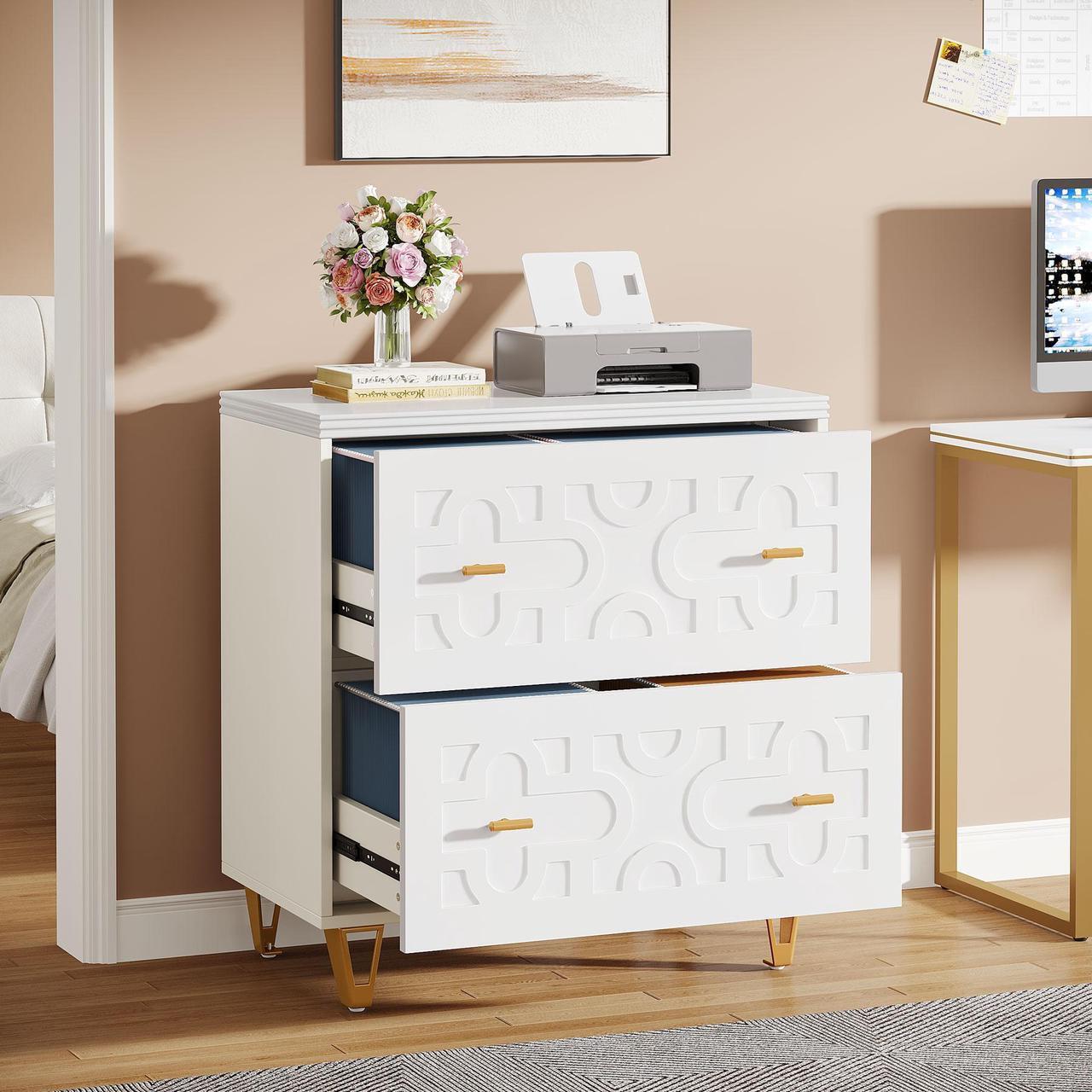 Main image of Tribesigns 2-Drawer Lateral File Cabinet, Modern White Filing Cabinet for Legal/Letter/A4 Size, Large Storage Filing Cabinet Printer Stand for Home Office, Warm White and Gold