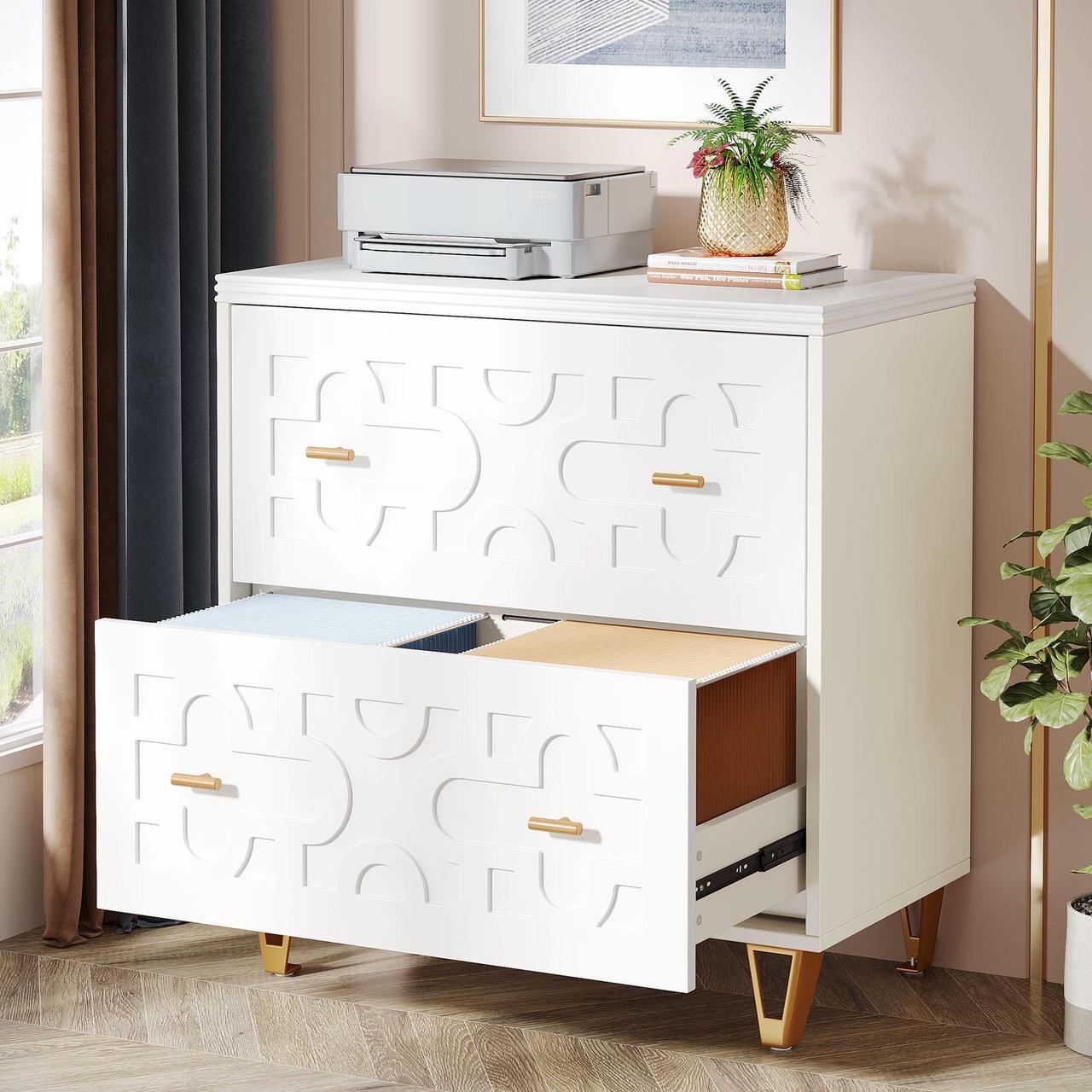 Alt view image 5 of 7 - Tribesigns 2-Drawer Lateral File Cabinet, Modern White Filing Cabinet for Legal/Letter/A4 Size, Large Storage Filing Cabinet Printer Stand for Home Office, Warm White and Gold