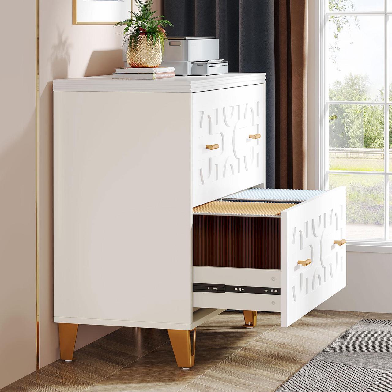 Alt view image 4 of 7 - Tribesigns 2-Drawer Lateral File Cabinet, Modern White Filing Cabinet for Legal/Letter/A4 Size, Large Storage Filing Cabinet Printer Stand for Home Office, Warm White and Gold