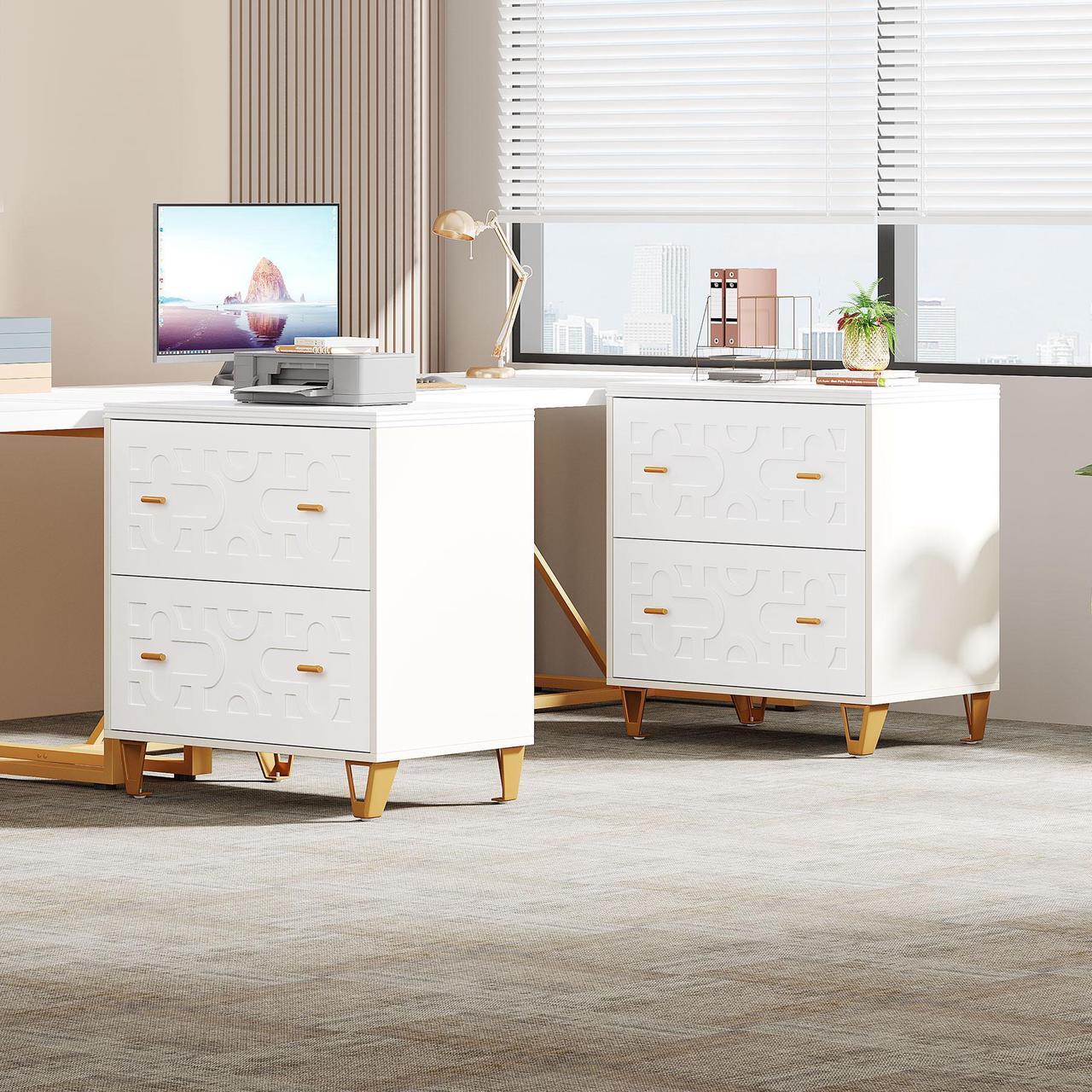Alt view image 6 of 7 - Tribesigns 2-Drawer Lateral File Cabinet, Modern White Filing Cabinet for Legal/Letter/A4 Size, Large Storage Filing Cabinet Printer Stand for Home Office, Warm White and Gold