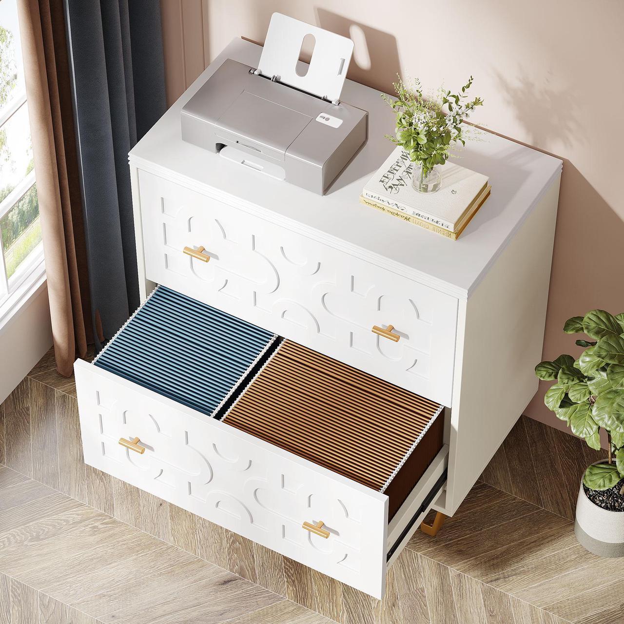 Alt view image 3 of 7 - Tribesigns 2-Drawer Lateral File Cabinet, Modern White Filing Cabinet for Legal/Letter/A4 Size, Large Storage Filing Cabinet Printer Stand for Home Office, Warm White and Gold