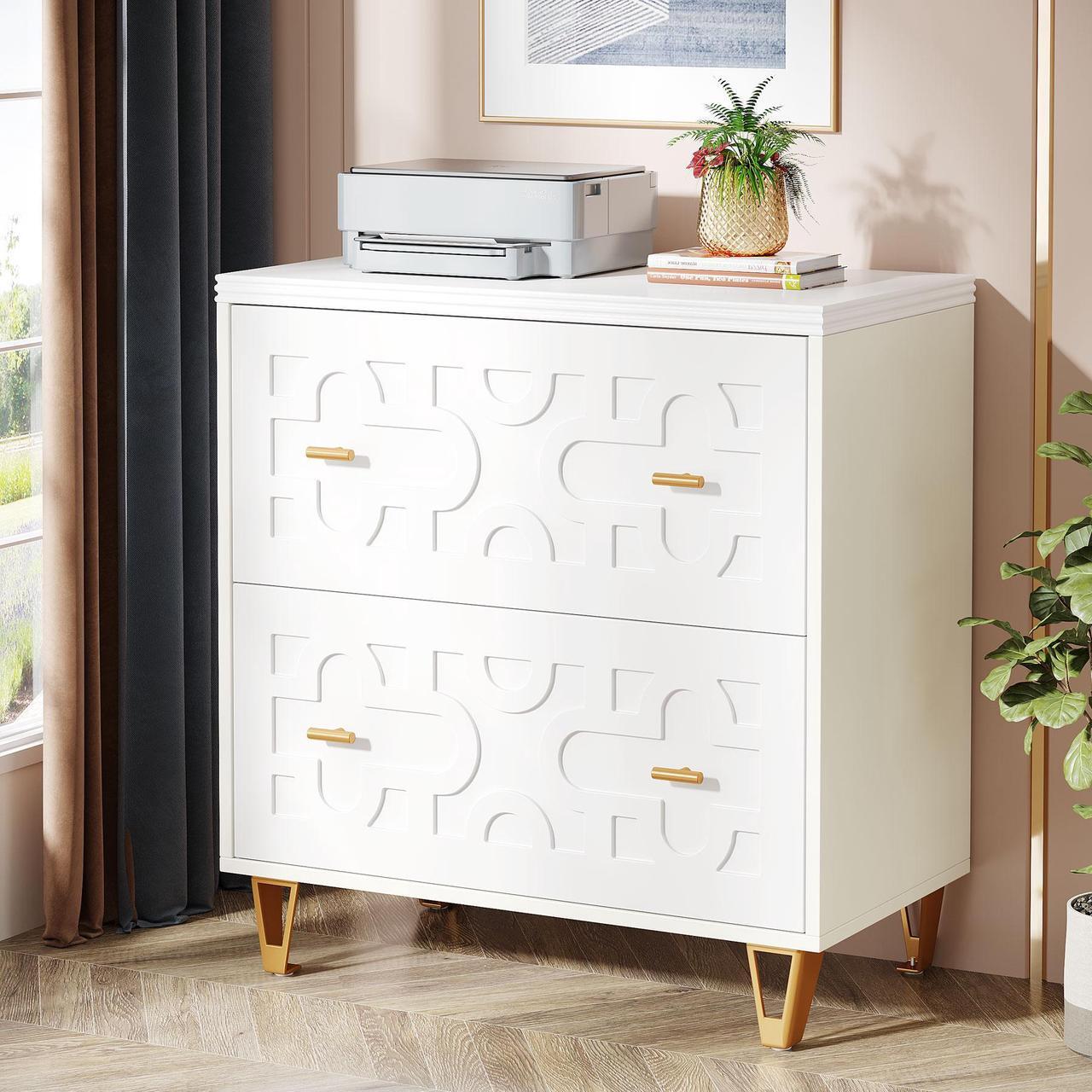 Alt view image 7 of 7 - Tribesigns 2-Drawer Lateral File Cabinet, Modern White Filing Cabinet for Legal/Letter/A4 Size, Large Storage Filing Cabinet Printer Stand for Home Office, Warm White and Gold
