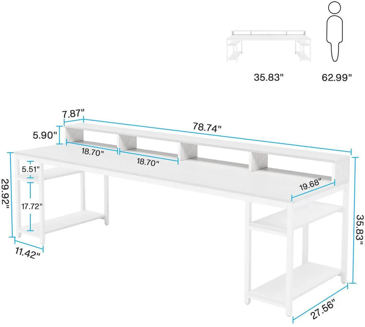Alt view image 3 of 7 - Tribesigns Gaming Desks Two Person Desk with Monitor Stand, 78.74" Long Double Computer Office Desk with Storage Shelves, Large Gaming Desk Study Writing Table Workstation for Home Office (White)