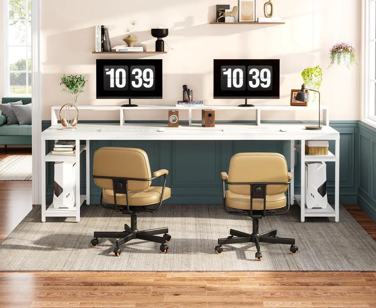 Alt view image 2 of 7 - Tribesigns Gaming Desks Two Person Desk with Monitor Stand, 78.74" Long Double Computer Office Desk with Storage Shelves, Large Gaming Desk Study Writing Table Workstation for Home Office (White)