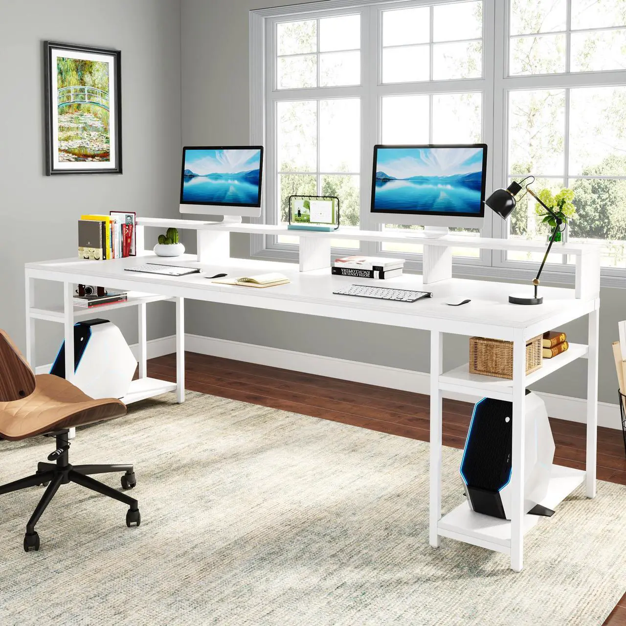 Alt view image 5 of 7 - Tribesigns Gaming Desks Two Person Desk with Monitor Stand, 78.74" Long Double Computer Office Desk with Storage Shelves, Large Gaming Desk Study Writing Table Workstation for Home Office (White)