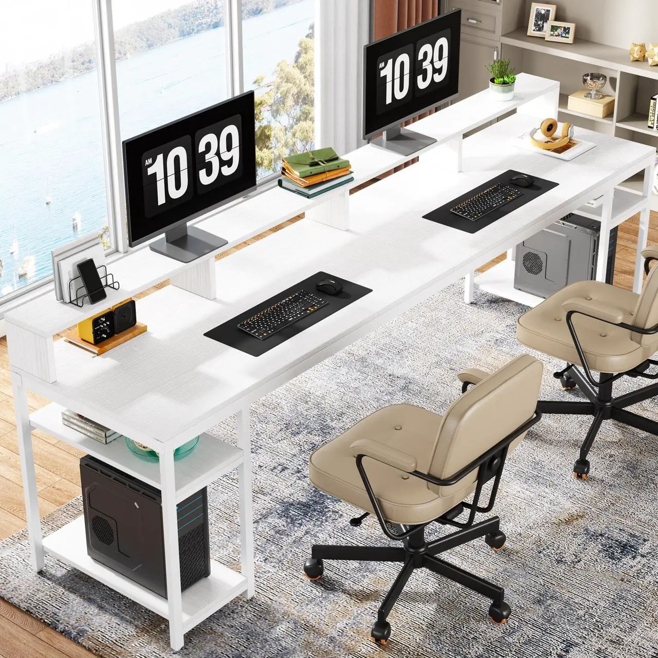 Alt view image 4 of 7 - Tribesigns Gaming Desks Two Person Desk with Monitor Stand, 78.74" Long Double Computer Office Desk with Storage Shelves, Large Gaming Desk Study Writing Table Workstation for Home Office (White)
