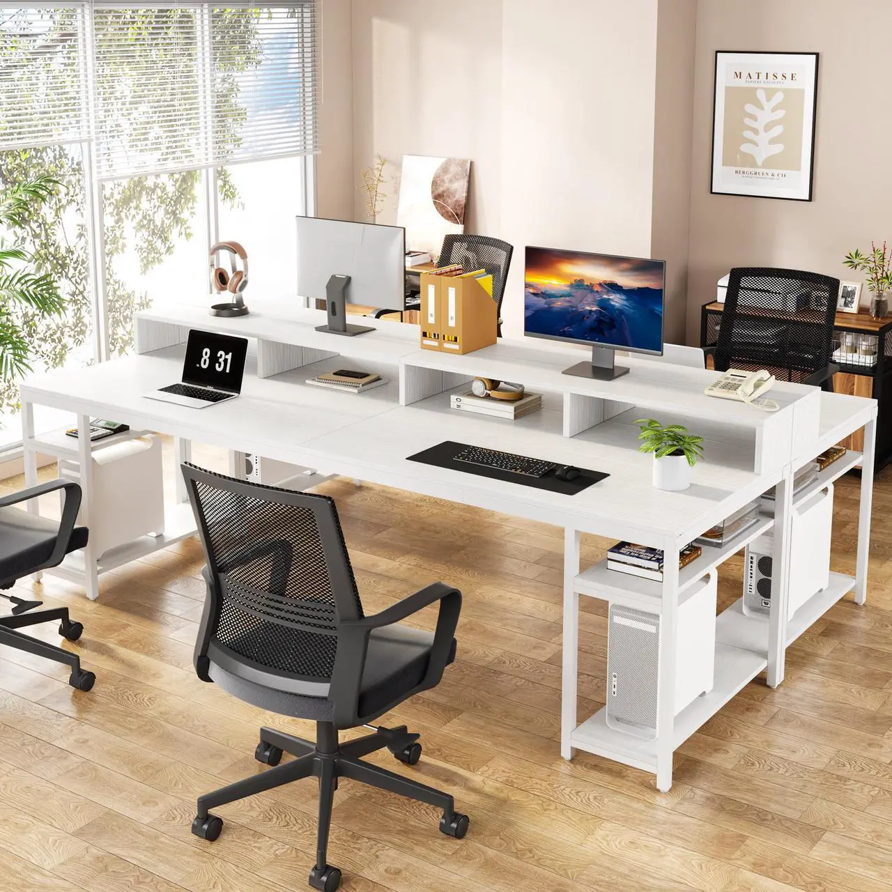 Alt view image 7 of 7 - Tribesigns Gaming Desks Two Person Desk with Monitor Stand, 78.74" Long Double Computer Office Desk with Storage Shelves, Large Gaming Desk Study Writing Table Workstation for Home Office (White)