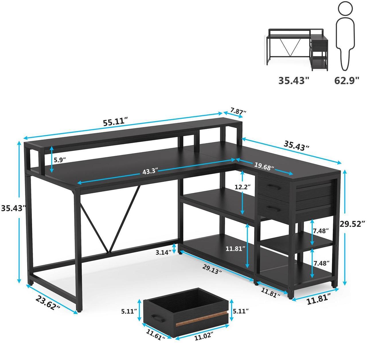 Alt view image 6 of 7 - Tribesigns L Shaped Desk with Drawer and Monitor Stand, Modern Simple L Corner Desk Home Office Table with Storage Shelves, Black Wooden and Metal PC Desk for Small Space