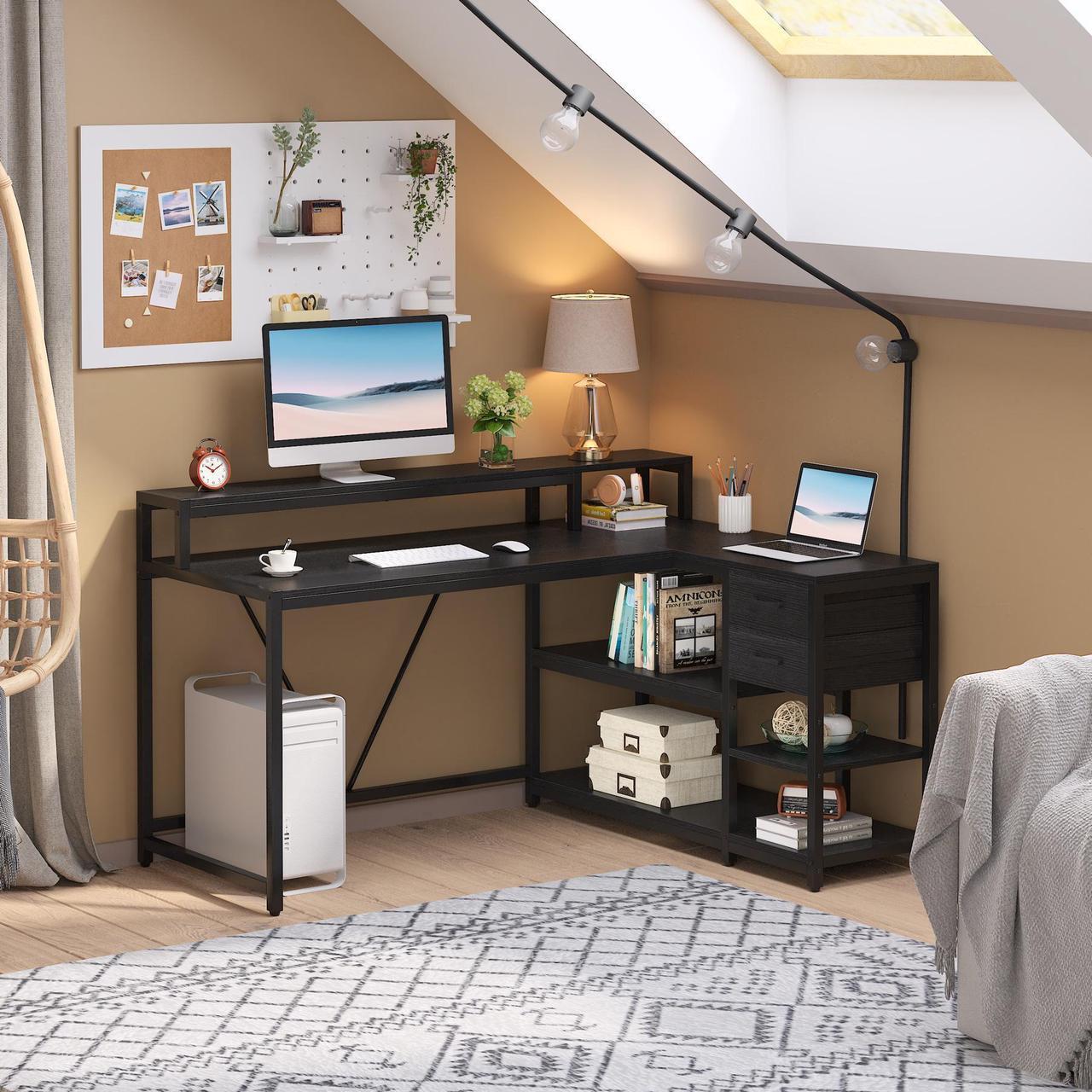 Alt view image 3 of 7 - Tribesigns L Shaped Desk with Drawer and Monitor Stand, Modern Simple L Corner Desk Home Office Table with Storage Shelves, Black Wooden and Metal PC Desk for Small Space