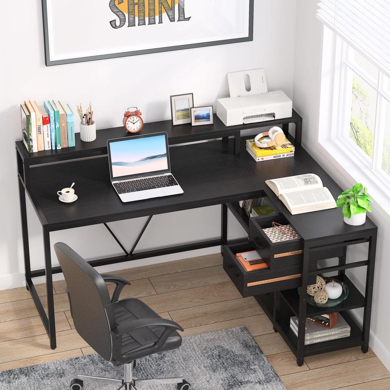 Alt view image 2 of 7 - Tribesigns L Shaped Desk with Drawer and Monitor Stand, Modern Simple L Corner Desk Home Office Table with Storage Shelves, Black Wooden and Metal PC Desk for Small Space